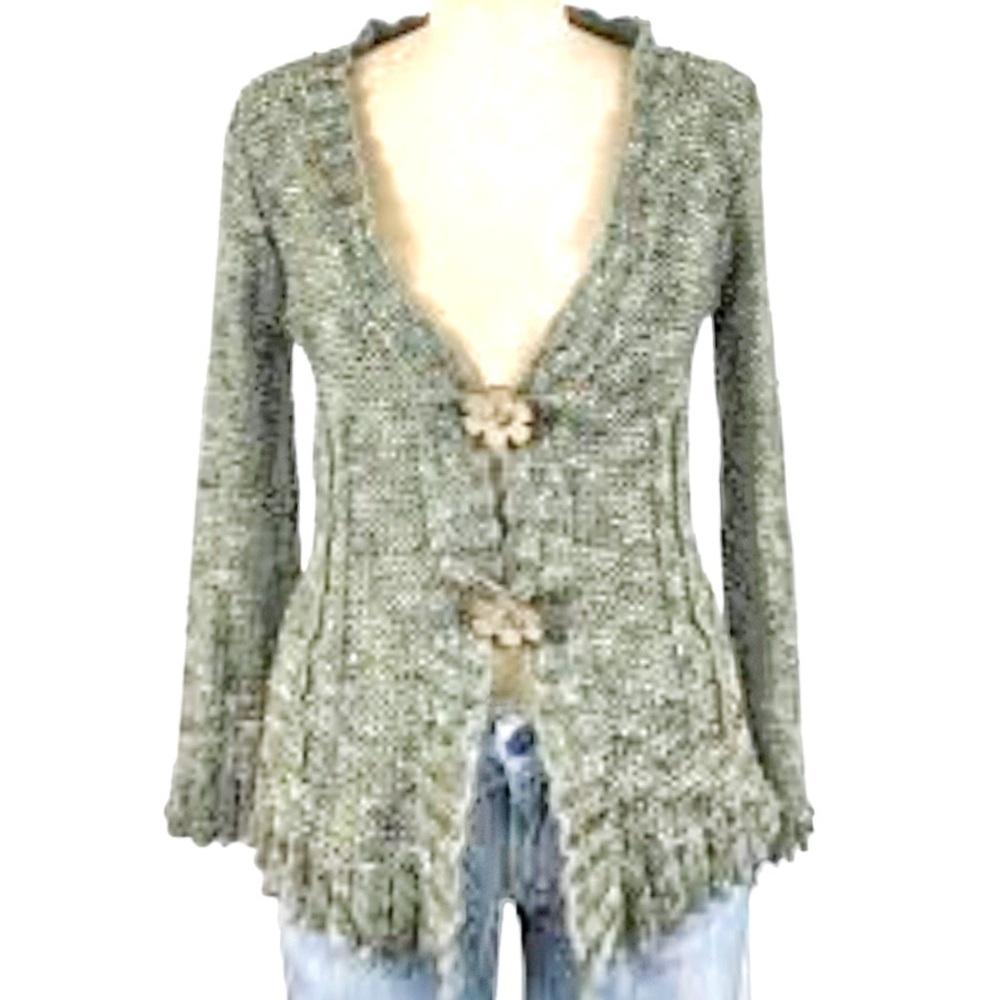 BCBGMaxAzria Boho Scalloped Edge Button Front Knit Cardigan Wood FlowerButton S - Picture 13 of 16